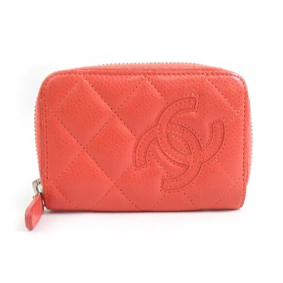 Auth CHANEL CC Logo Card Case Holder Coin Purse Case Coral Leather - e59882a